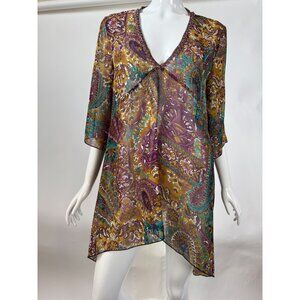 WD.NY Sheer Boho Tunic Top M Paisley Jewel Accents Purple/Yellow